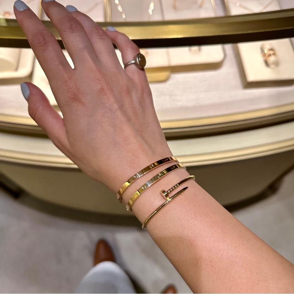 18K Gold Screw & Diamond Love Bracelet Cuff Stackable Bangle Engraved No Fade - Picture 3 of 7